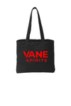 Black BG421 tote bag with red printed VANE SPIRITS logo