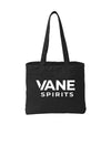 Black BG421 tote bag with white printed VANE SPIRITS logo