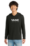 VANE Spirits DM139 Black, full white VANE SPIRITS wordmark at front center, on model