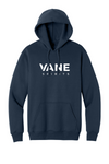 VANE Spirits Foundation Fleece Hoodie in Deep Navy with full chest wordmark — digital placement mockup