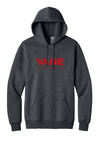VANE Spirits Foundation Fleece Hoodie in Dark Heather Grey with full chest wordmark — digital placement mockup