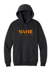 VANE Spirits Foundation Fleece Hoodie in Jet Black with full chest wordmark — digital placement mockup