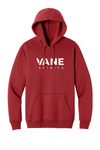 VANE Spirits Foundation Fleece Hoodie in Rich Red with full chest wordmark — digital placement mockup